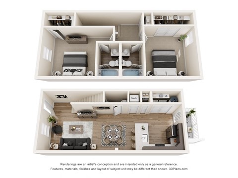 Floor plan for 2 beds, 2.5 baths, 1152 sqft